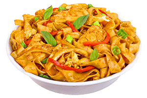 Pei Wei Drunken Noodles- Steamed white meat chicken, rice noodles, red bell peppers, onions, scallions, garlic, and chili paste.