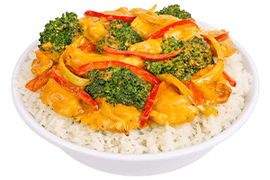 Pei Wei Thai Coconut Curry Chicken- Steamed white meat chicken, garlic, red bell peppers, onions, and broccoli. tossed in a creamy Thai coconut curry sauce.