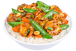 Pei Wei Kung Pao Shrimp- Crispy shrimp with garlic, carrots, snap peas, scallions, peanuts, and chili flakes. Tossed in a chili soy sauce.