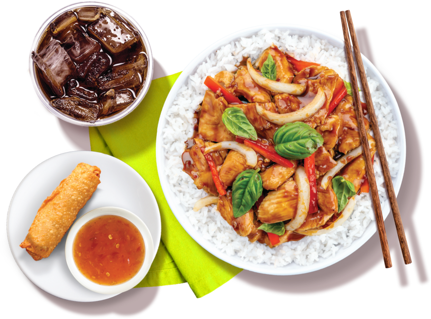 PERFECT lunch with 1 Chicken Entrée + 1 Egg Roll or Spring Roll + 1 Fountain Drink